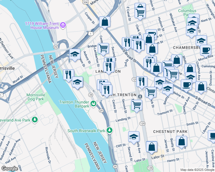 map of restaurants, bars, coffee shops, grocery stores, and more near 483 Centre Street in Trenton