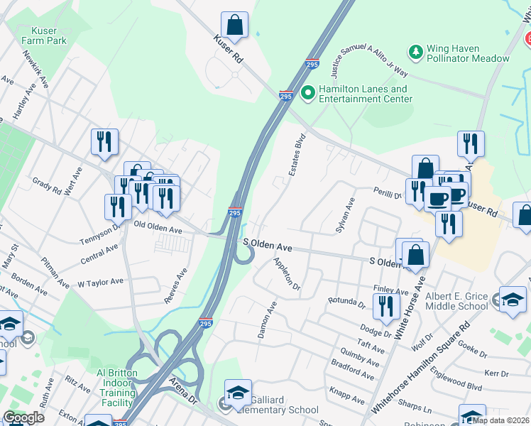 map of restaurants, bars, coffee shops, grocery stores, and more near 122 Estates Boulevard in Hamilton Township