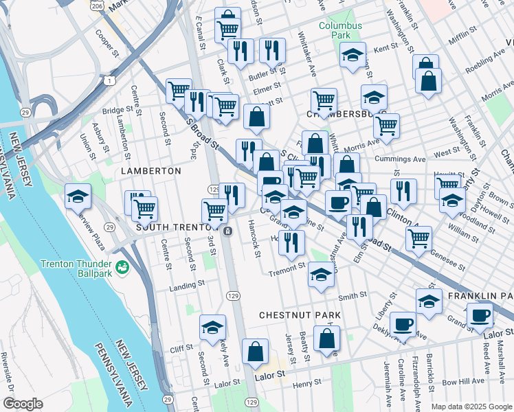 map of restaurants, bars, coffee shops, grocery stores, and more near 1020 Hudson Street in Trenton