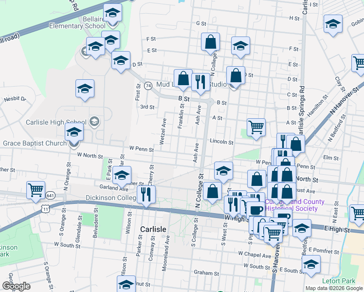 map of restaurants, bars, coffee shops, grocery stores, and more near 350 West Penn Street in Carlisle