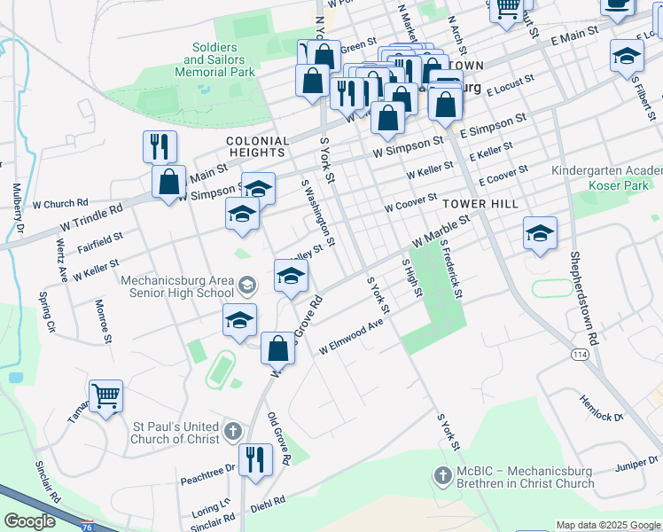 map of restaurants, bars, coffee shops, grocery stores, and more near 330 South Washington Street in Mechanicsburg