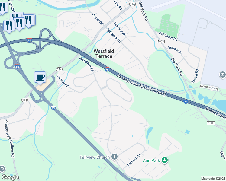 map of restaurants, bars, coffee shops, grocery stores, and more near 92 Pleasantview Terrace in New Cumberland