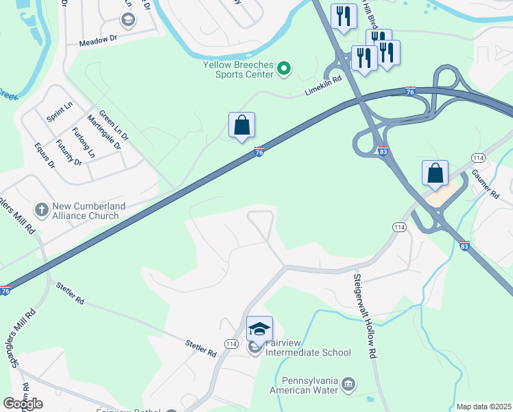 map of restaurants, bars, coffee shops, grocery stores, and more near 27 Timber Lane in New Cumberland
