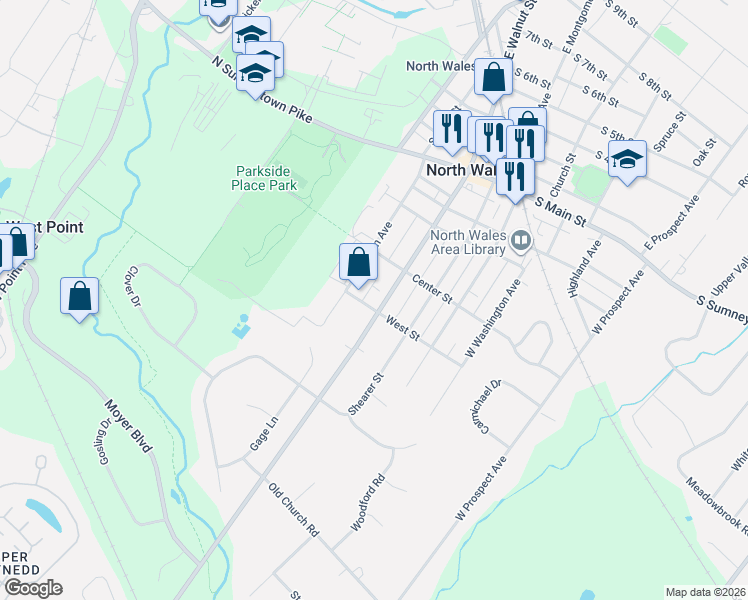 map of restaurants, bars, coffee shops, grocery stores, and more near 503 West Walnut Street in North Wales