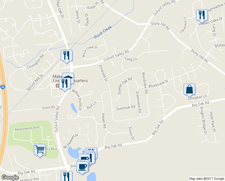 map of restaurants, bars, coffee shops, grocery stores, and more near 300 Emerald Drive in Yardley