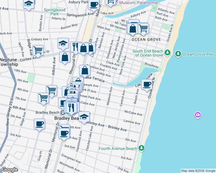 map of restaurants, bars, coffee shops, grocery stores, and more near 1006 Madison Avenue in Bradley Beach