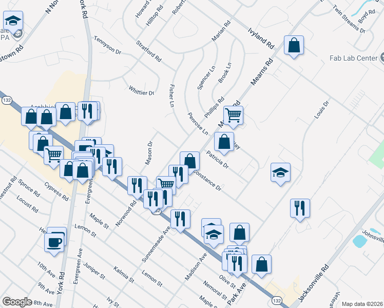map of restaurants, bars, coffee shops, grocery stores, and more near in Warminster