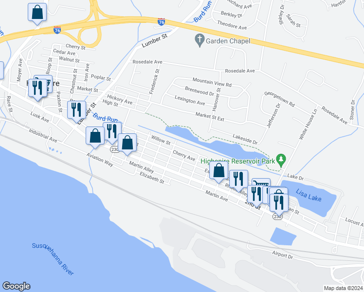 map of restaurants, bars, coffee shops, grocery stores, and more near 516 Eshelman Street in Highspire