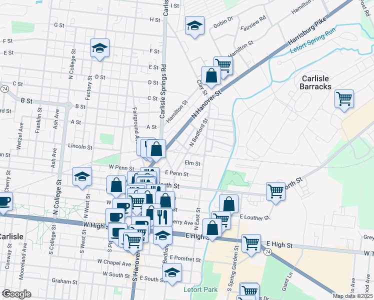 map of restaurants, bars, coffee shops, grocery stores, and more near 402 North Bedford Street in Carlisle