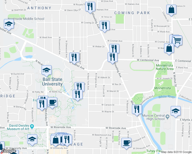 map of restaurants, bars, coffee shops, grocery stores, and more near 1547 North Virginia Avenue in Muncie