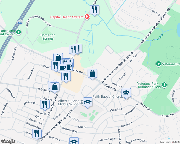 map of restaurants, bars, coffee shops, grocery stores, and more near 1802 Kuser Road in Hamilton Township