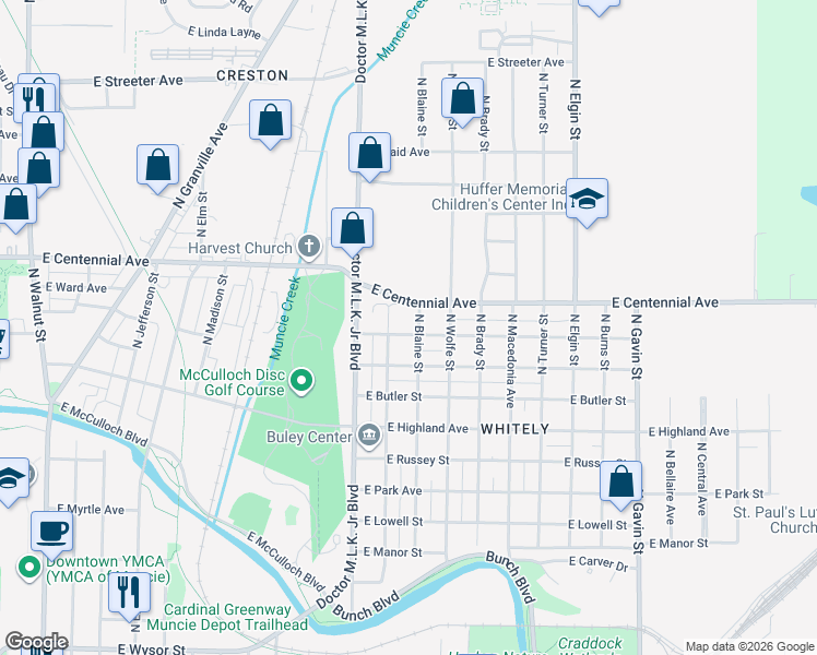map of restaurants, bars, coffee shops, grocery stores, and more near 1300 East Hines Street in Muncie