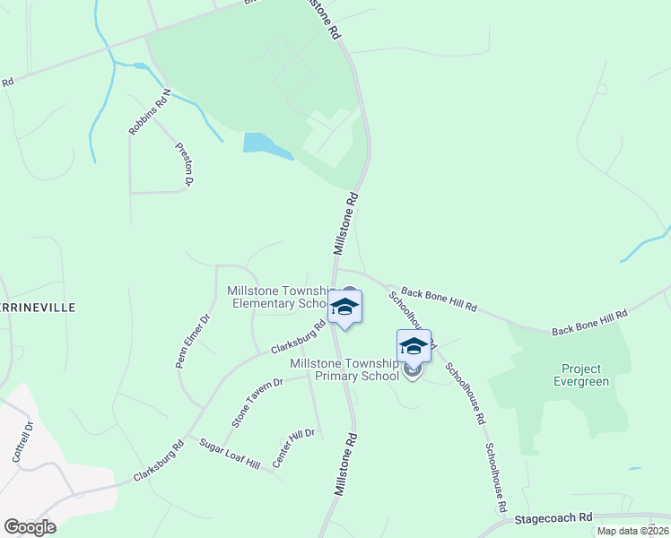 map of restaurants, bars, coffee shops, grocery stores, and more near 1 Schoolhouse Road in Millstone Township