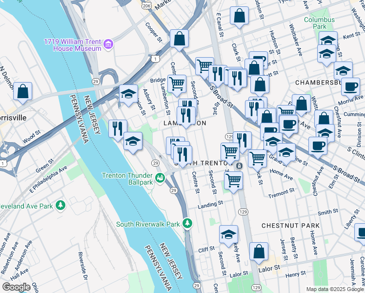 map of restaurants, bars, coffee shops, grocery stores, and more near 266 Hills Alley in Trenton