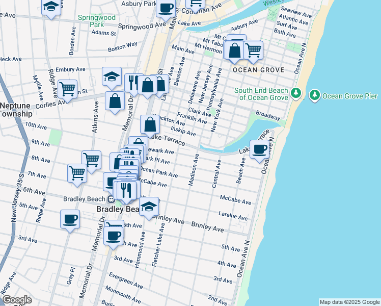 map of restaurants, bars, coffee shops, grocery stores, and more near 1006 Madison Avenue in Bradley Beach