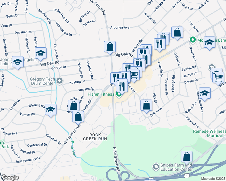 map of restaurants, bars, coffee shops, grocery stores, and more near Pine Grove Road in Morrisville