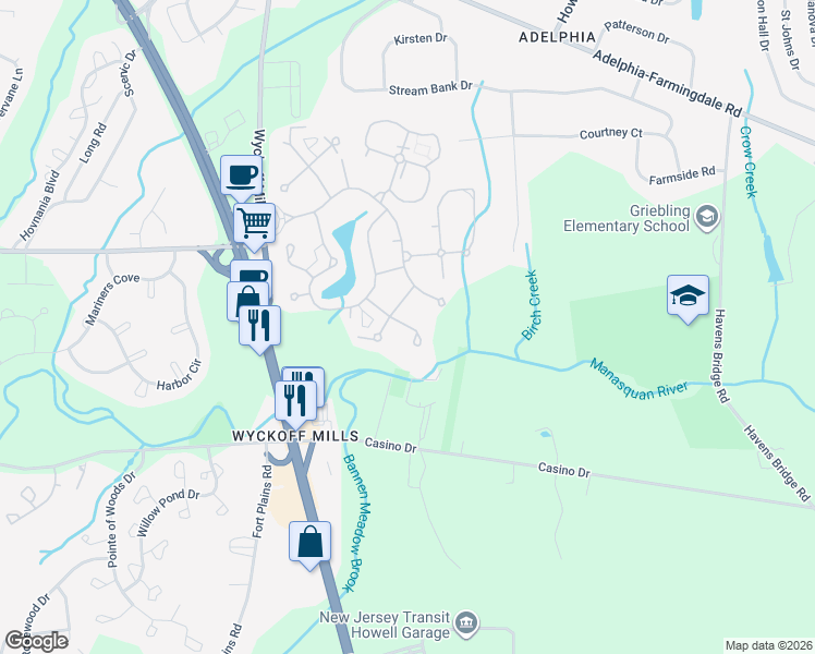 map of restaurants, bars, coffee shops, grocery stores, and more near Evesham Road in Freehold