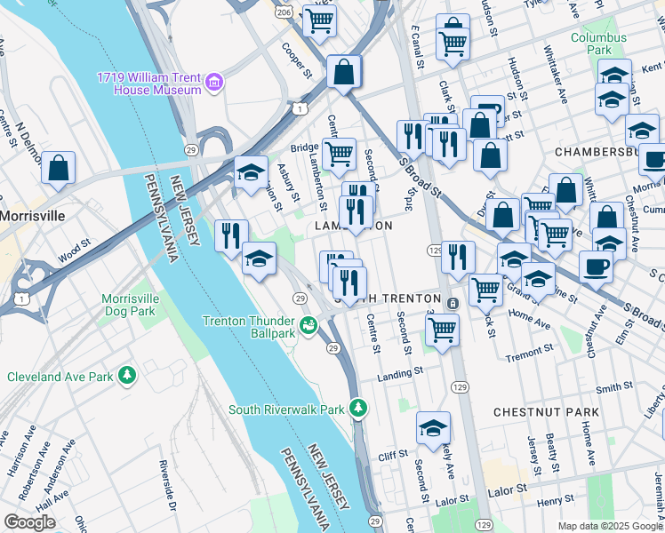 map of restaurants, bars, coffee shops, grocery stores, and more near 645 Lamberton Street in Trenton
