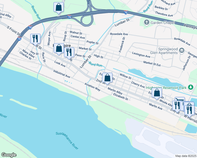 map of restaurants, bars, coffee shops, grocery stores, and more near 392 2nd Street in Highspire