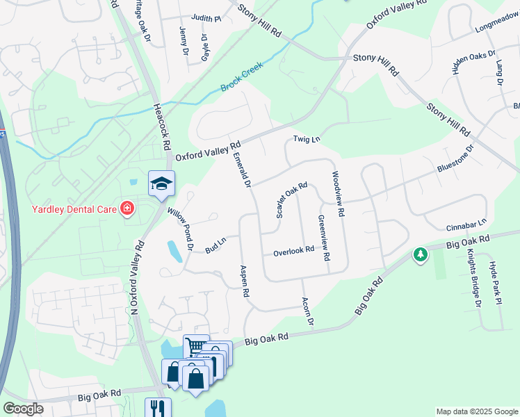 map of restaurants, bars, coffee shops, grocery stores, and more near 300 Emerald Drive in Yardley