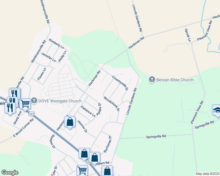map of restaurants, bars, coffee shops, grocery stores, and more near 255 Woodchuck Drive in Ephrata