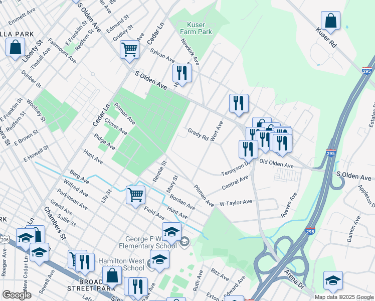 map of restaurants, bars, coffee shops, grocery stores, and more near 48 Grady Road in Hamilton Township