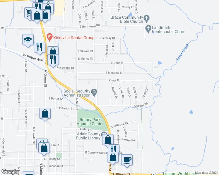 map of restaurants, bars, coffee shops, grocery stores, and more near 1010 Kings Road in Kirksville