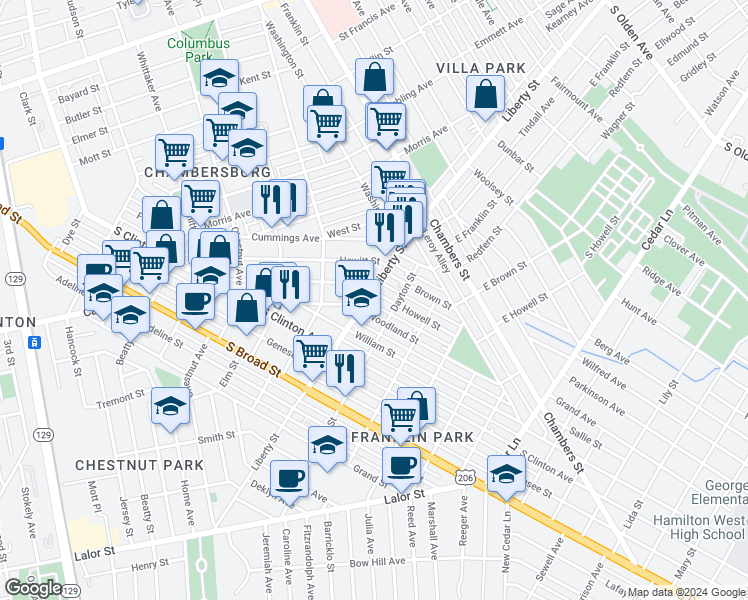 map of restaurants, bars, coffee shops, grocery stores, and more near 7 Howell Street in Trenton