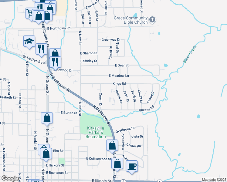 map of restaurants, bars, coffee shops, grocery stores, and more near 1010 Kings Road in Kirksville