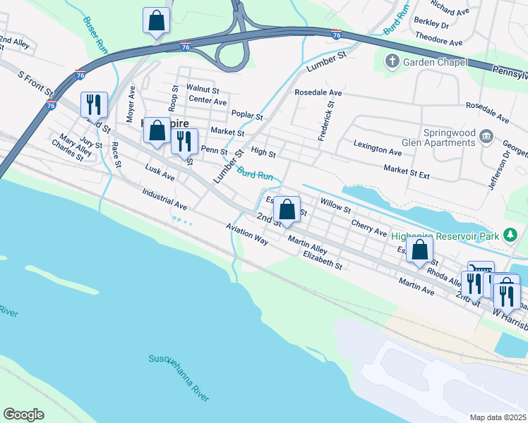 map of restaurants, bars, coffee shops, grocery stores, and more near 392 2nd Street in Highspire