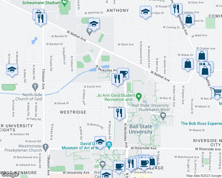 map of restaurants, bars, coffee shops, grocery stores, and more near 1512 North Woodridge Avenue in Muncie