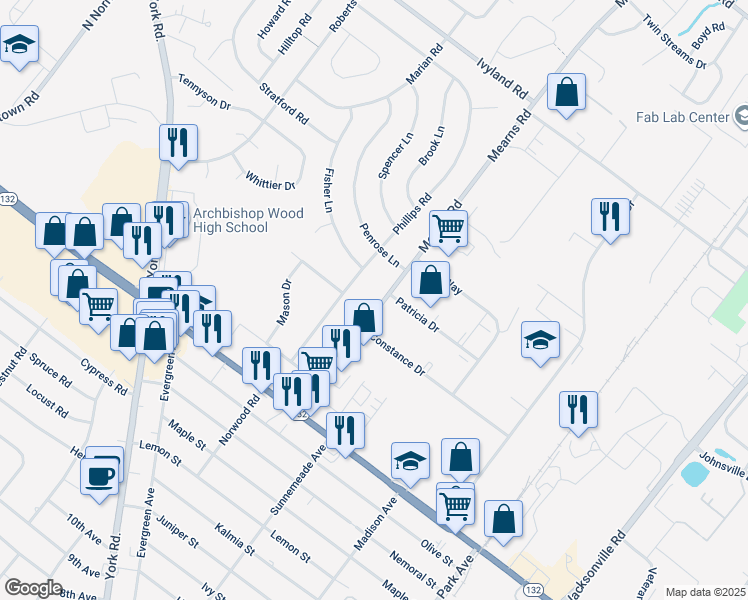 map of restaurants, bars, coffee shops, grocery stores, and more near 764 Mearns Road in Warminster