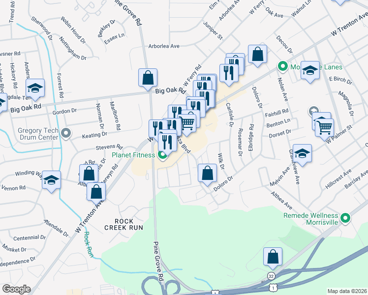 map of restaurants, bars, coffee shops, grocery stores, and more near 287 Plaza Boulevard in Morrisville