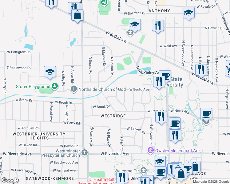 map of restaurants, bars, coffee shops, grocery stores, and more near 2504 West Euclid Avenue in Muncie