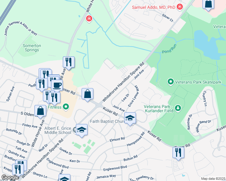 map of restaurants, bars, coffee shops, grocery stores, and more near 1208 Whitehorse Hamilton Square Rd in Hamilton Township