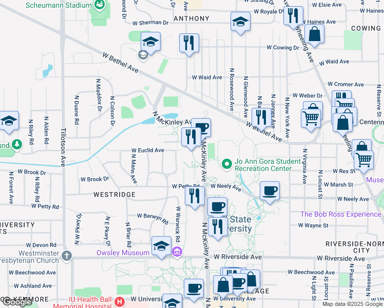 map of restaurants, bars, coffee shops, grocery stores, and more near 1515 North McKinley Avenue in Muncie