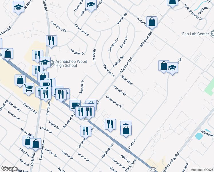 map of restaurants, bars, coffee shops, grocery stores, and more near 764 Mearns Road in Warminster
