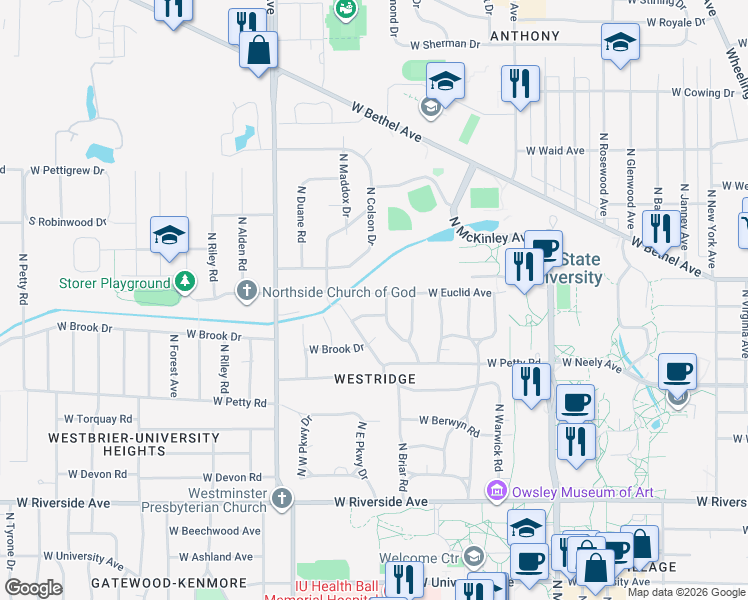 map of restaurants, bars, coffee shops, grocery stores, and more near 2503 West Euclid Avenue in Muncie
