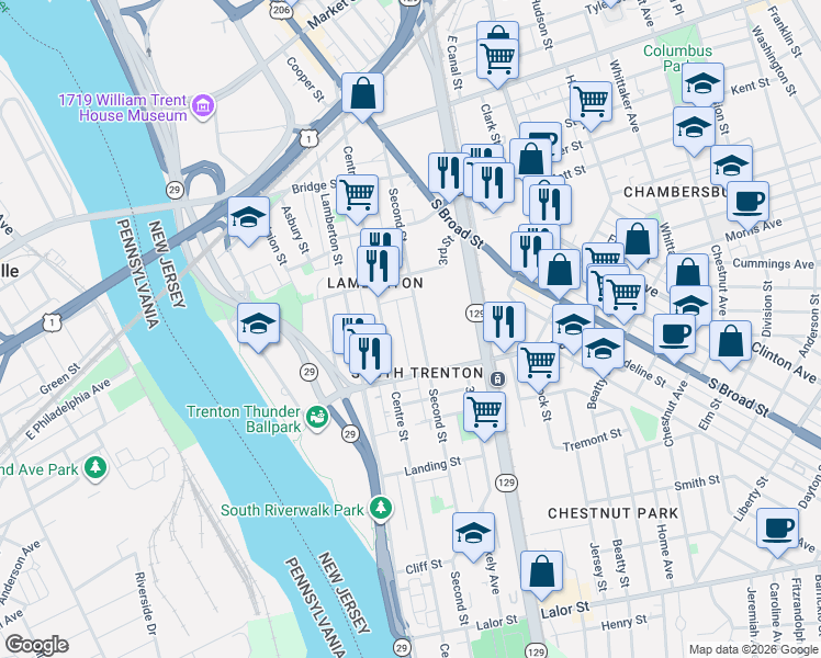 map of restaurants, bars, coffee shops, grocery stores, and more near 200 3rd Street in Trenton