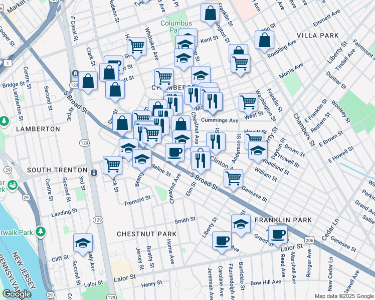 map of restaurants, bars, coffee shops, grocery stores, and more near 6 Rusling Street in Trenton