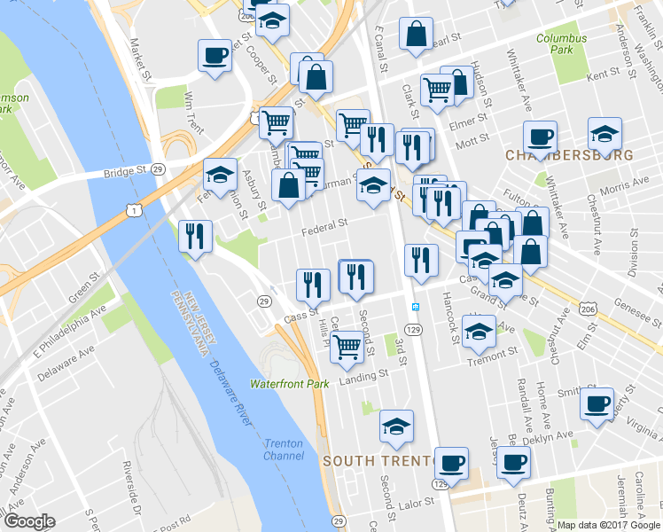 map of restaurants, bars, coffee shops, grocery stores, and more near 422 Centre Street in Trenton