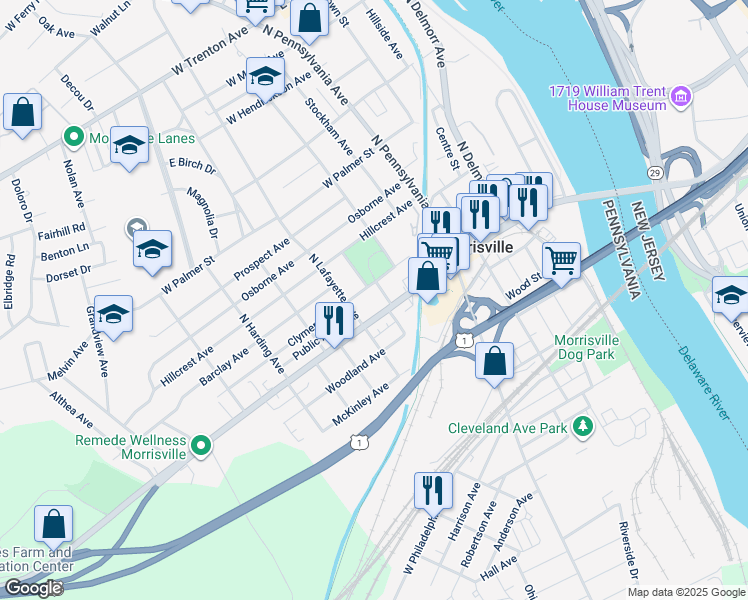 map of restaurants, bars, coffee shops, grocery stores, and more near 224 Clymer Avenue in Morrisville