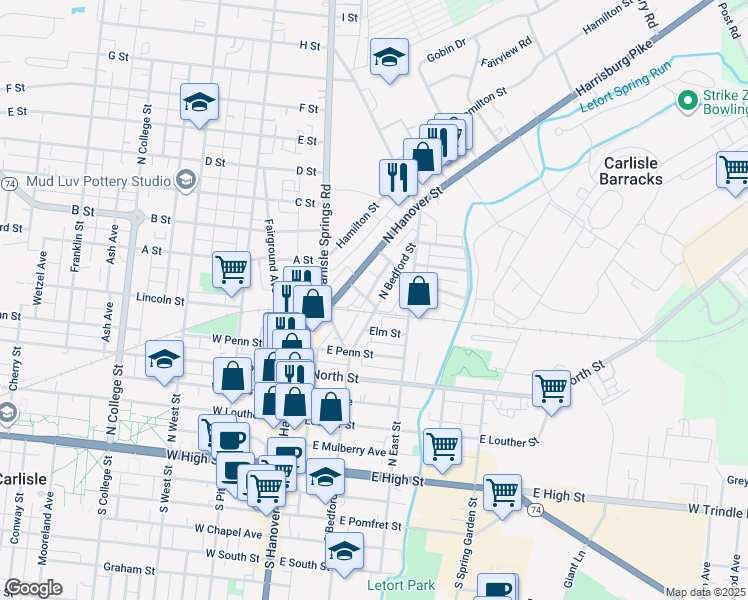 map of restaurants, bars, coffee shops, grocery stores, and more near 517 North Hanover Street in Carlisle