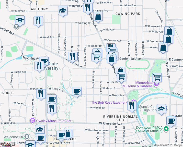 map of restaurants, bars, coffee shops, grocery stores, and more near 1204 West Abbott Street in Muncie