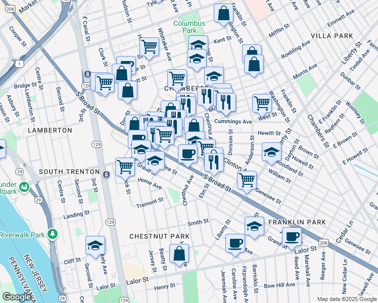map of restaurants, bars, coffee shops, grocery stores, and more near 448 Genesee Street in Trenton