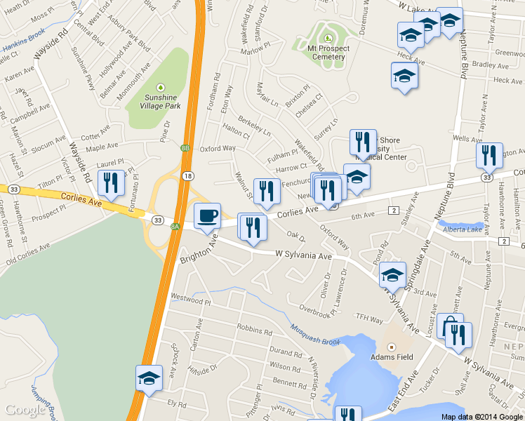 map of restaurants, bars, coffee shops, grocery stores, and more near 104 Walnut Street in Neptune City