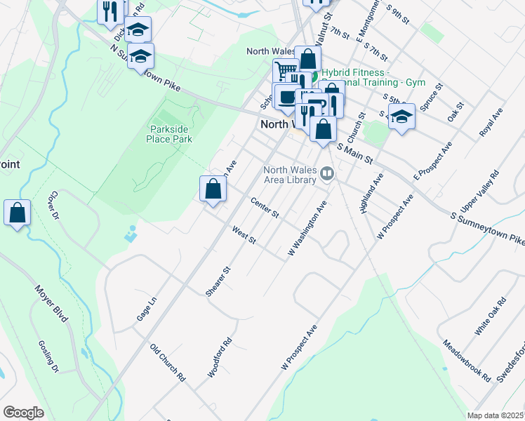 map of restaurants, bars, coffee shops, grocery stores, and more near 400 Shearer Street in North Wales