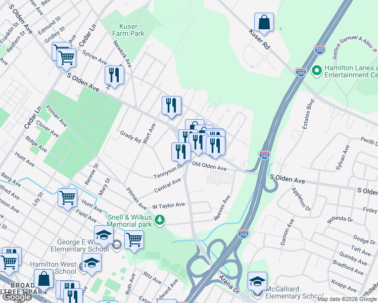 map of restaurants, bars, coffee shops, grocery stores, and more near 628 Arena Drive in Trenton
