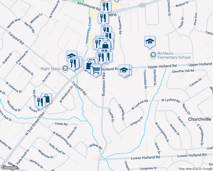 map of restaurants, bars, coffee shops, grocery stores, and more near 789 Bustleton Pike in Richboro