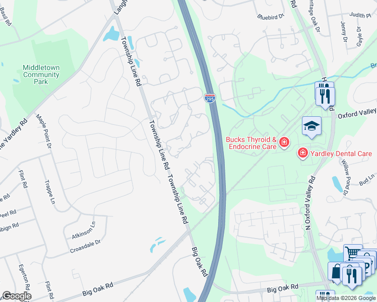 map of restaurants, bars, coffee shops, grocery stores, and more near 2001 Sterling Road in Yardley